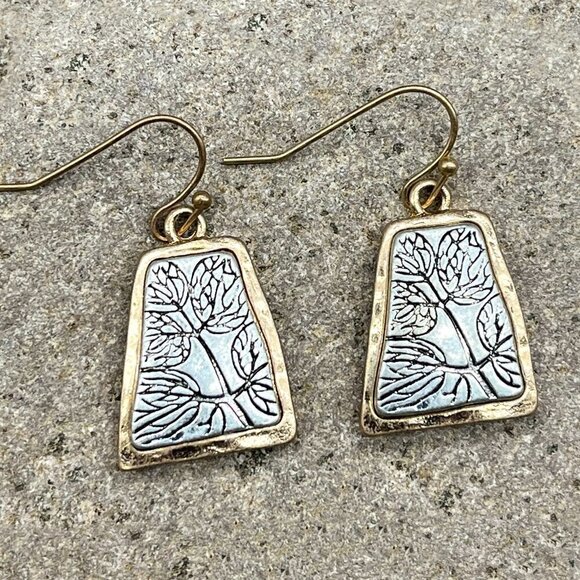 Etched Leaf Drop Earrings Two Tone - Picture 4 of 6